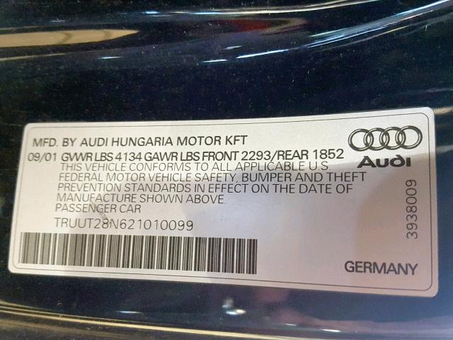 TRUUT28N621010099 - 2002 AUDI TT QUATTRO BLACK photo 10