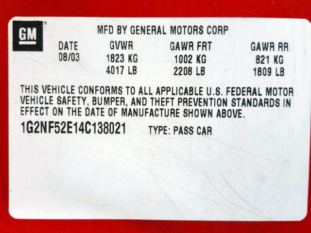 1G2NF52E14C138021 - 2004 PONTIAC GRAND AM S RED photo 10