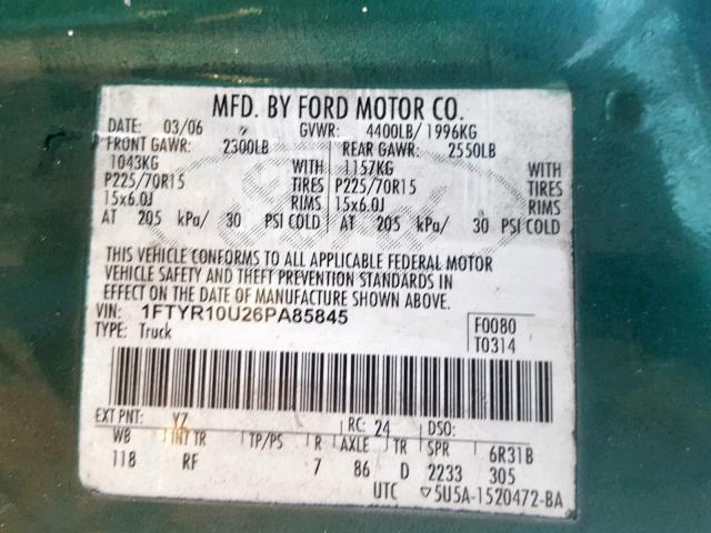 1FTYR10U26PA85845 - 2006 FORD RANGER GREEN photo 10