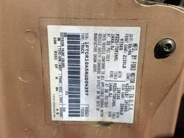 1FTCR10A5RUD04397 - 1994 FORD RANGER GOLD photo 10