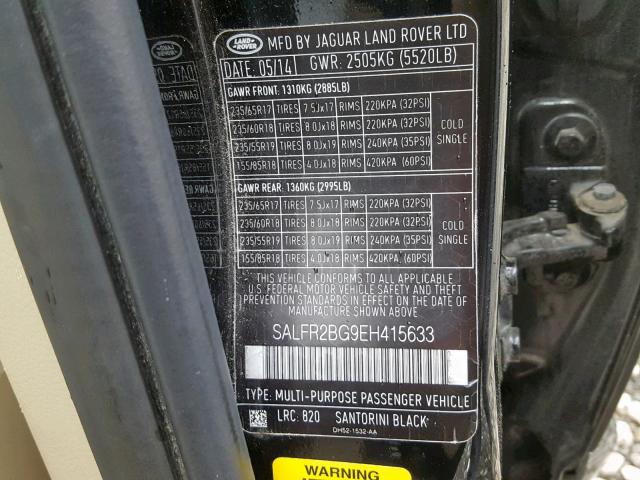 SALFR2BG9EH415633 - 2014 LAND ROVER LR2 HSE BLACK photo 10