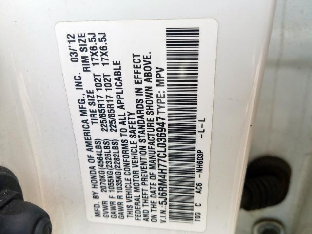 5J6RM4H77CL036947 - 2012 HONDA CR-V EXL  photo 10