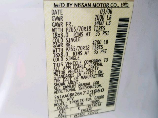 5N1AA08B26N729860 - 2006 NISSAN ARMADA SE WHITE photo 10