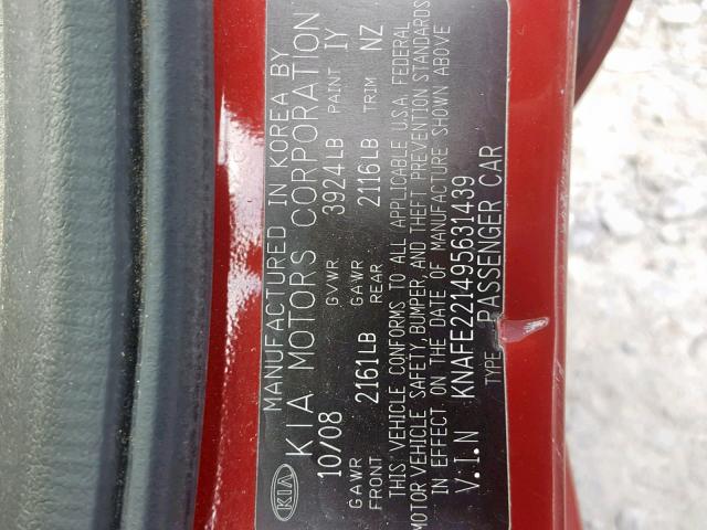 KNAFE221495631439 - 2009 KIA SPECTRA EX BURGUNDY photo 10