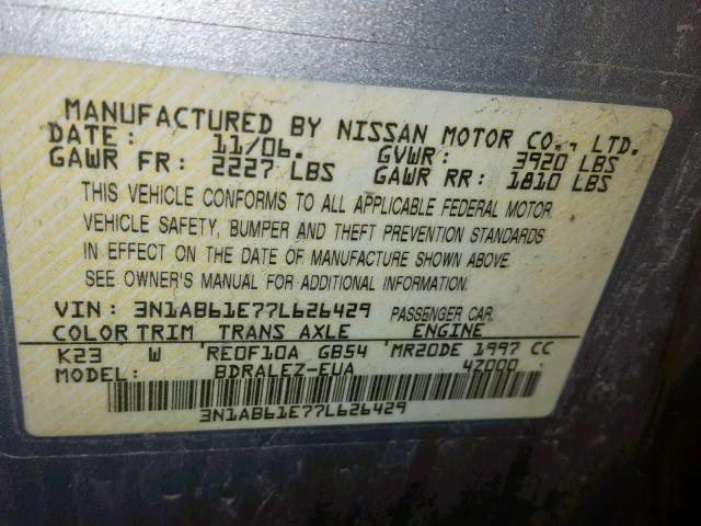 3N1AB61E77L626429 - 2007 NISSAN SENTRA 2.0 SILVER photo 10