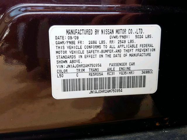 JN1AJ0HR2AM750954 - 2010 INFINITI EX35 BASE BLACK photo 10