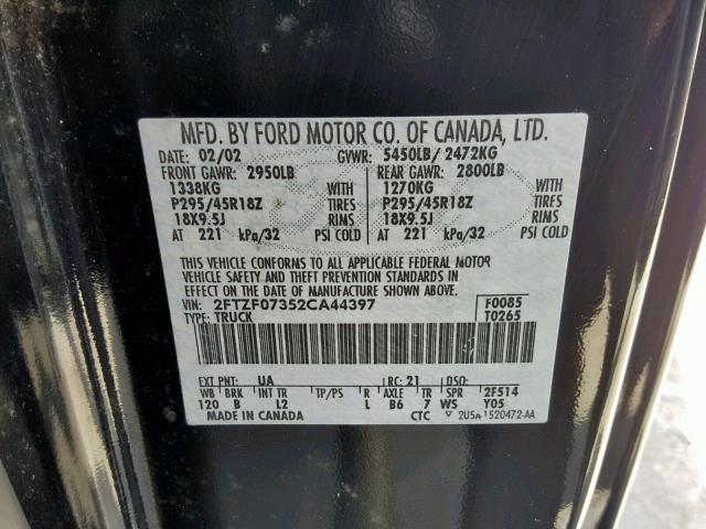 2FTZF07352CA44397 - 2002 FORD F150 SVT L BLACK photo 10