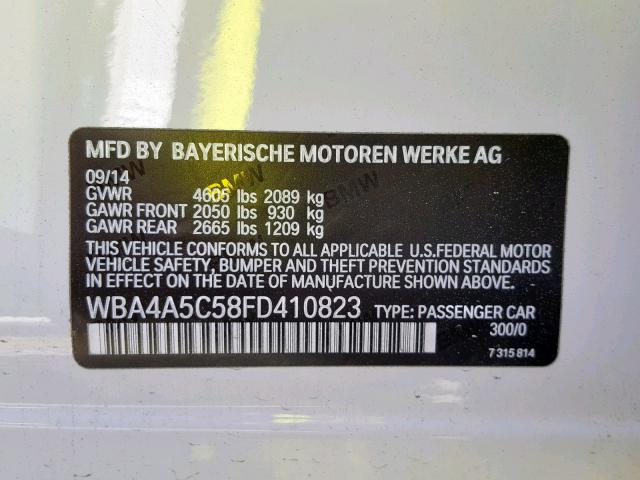 WBA4A5C58FD410823 - 2015 BMW 428 I WHITE photo 10
