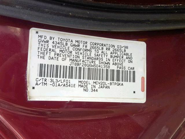 JT8BF28G6W5041358 - 1998 LEXUS ES 300 BURGUNDY photo 10