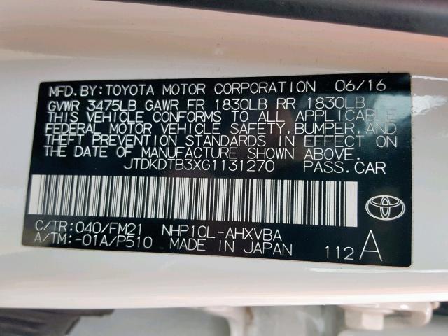 JTDKDTB3XG1131270 - 2016 TOYOTA PRIUS C WHITE photo 10