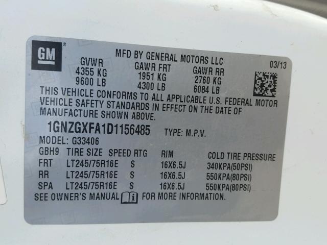 1GNZGXFA1D1156485 - 2013 CHEVROLET EXPRESS G3 WHITE photo 10
