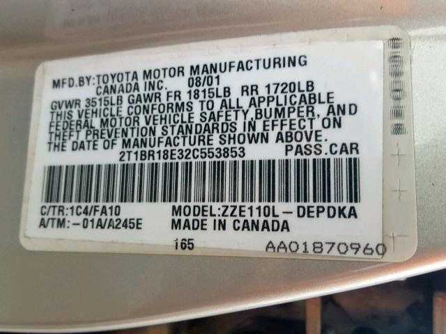 2T1BR18E32C553853 - 2002 TOYOTA COROLLA CE GRAY photo 10