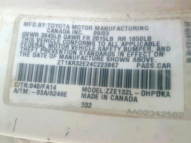 2T1KR32E24C223967 - 2004 TOYOTA COROLLA MA WHITE photo 10