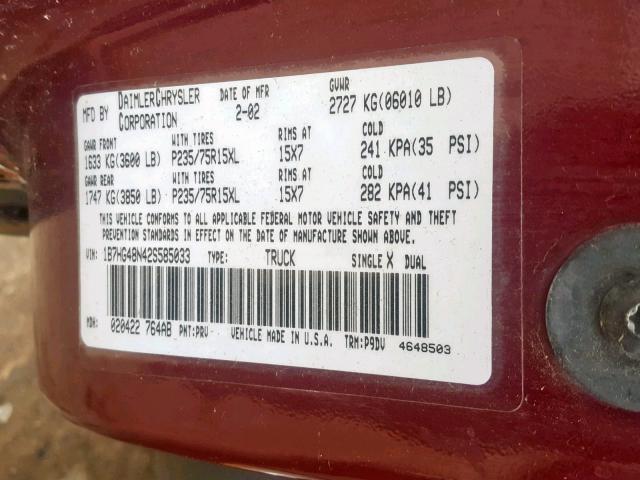 1B7HG48N42S585033 - 2002 DODGE DAKOTA QUA RED photo 10