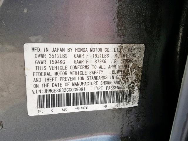 JHMGE8G32CC039091 - 2012 HONDA FIT GRAY photo 10