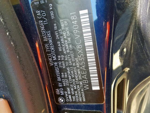 WBAEA535X8CV90481 - 2008 BMW 650 I BLACK photo 10