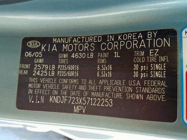 KNDJF723X57122253 - 2005 KIA NEW SPORTA GREEN photo 10