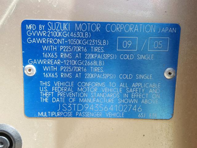 JS3TD943564102746 - 2006 SUZUKI GRAND VITA GOLD photo 10