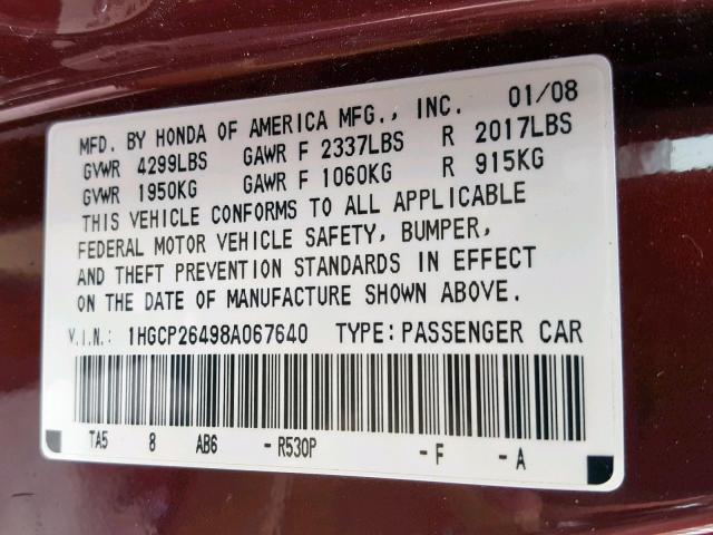 1HGCP26498A067640 - 2008 HONDA ACCORD LXP MAROON photo 10