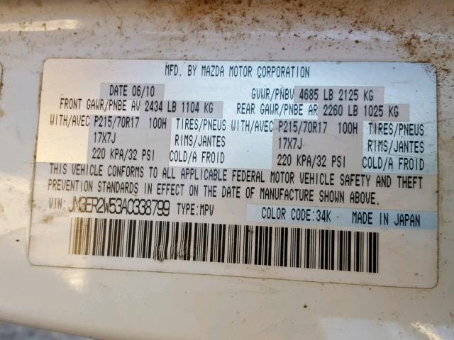 JM3ER2W53A0338799 - 2010 MAZDA CX-7 WHITE photo 10