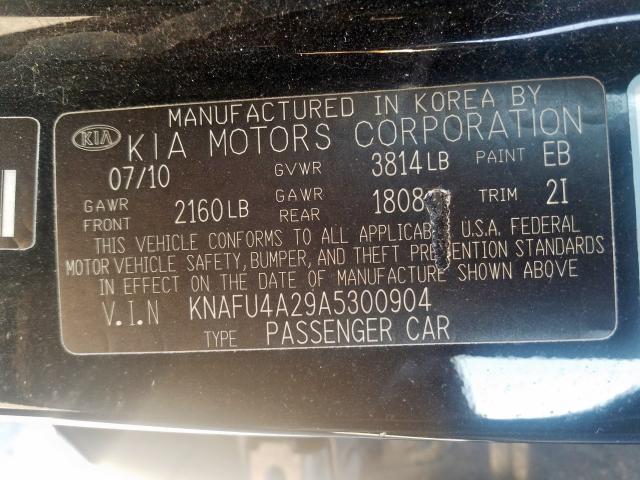 KNAFU4A29A5300904 - 2010 KIA FORTE EX  photo 10