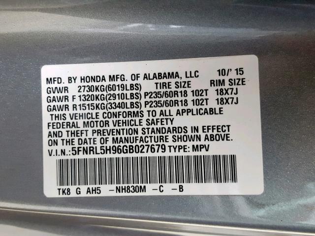 5FNRL5H96GB027679 - 2016 HONDA ODYSSEY TO SILVER photo 10