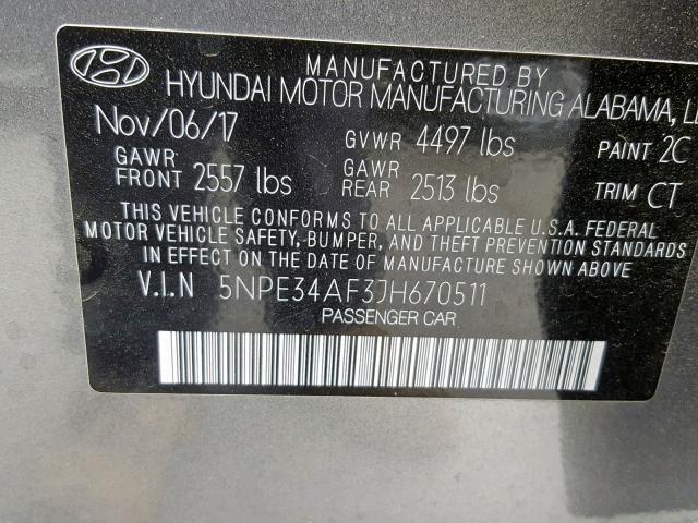 5NPE34AF3JH670511 - 2018 HYUNDAI SONATA SPO GRAY photo 10