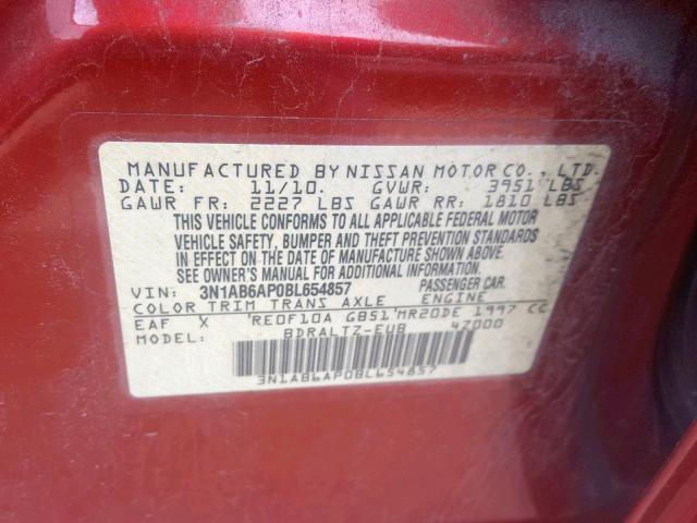 3N1AB6AP0BL654857 - 2011 NISSAN SENTRA 2.0 RED photo 10