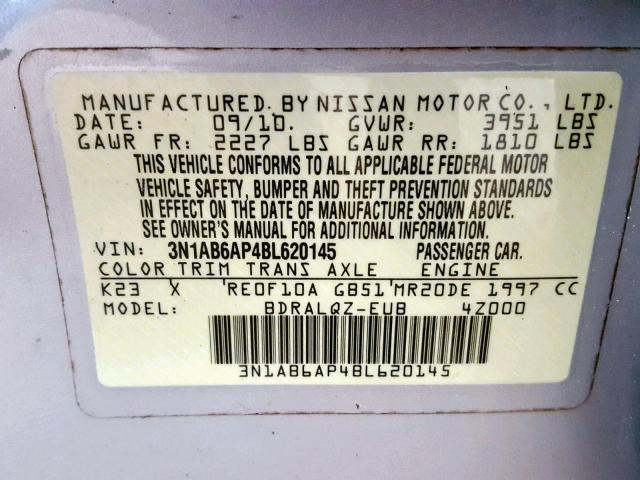 3N1AB6AP4BL620145 - 2011 NISSAN SENTRA 2.0 SILVER photo 10