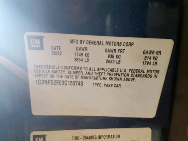 1G2NF52F03C150748 - 2003 PONTIAC GRAND AM S GREEN photo 10