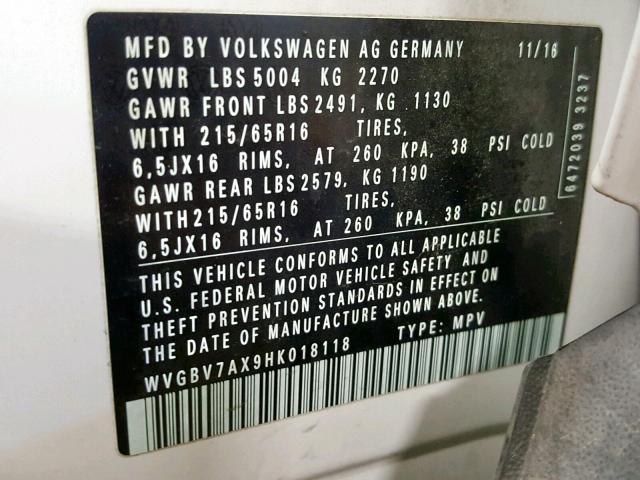 WVGBV7AX9HK018118 - 2017 VOLKSWAGEN TIGUAN S WHITE photo 10