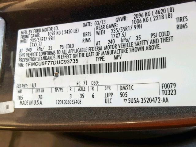 1FMCU0F77DUC93735 - 2013 FORD ESCAPE S GRAY photo 10