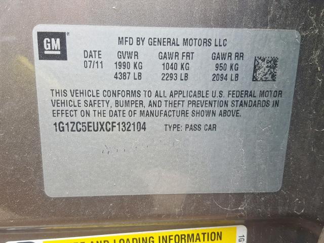 1G1ZC5EUXCF132104 - 2012 CHEVROLET MALIBU 1LT 棕色 照片 10