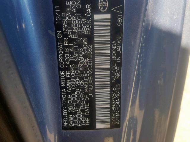 JTNJJXB02CJ012362 - 2012 TOYOTA SCION IQ BLUE photo 10