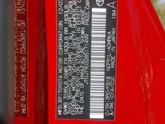 JTDJT903285171499 - 2008 TOYOTA YARIS RED photo 10