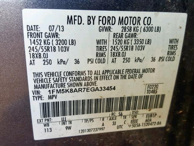 1FM5K8AR7EGA33454 - 2014 FORD EXPLORER P GRAY photo 10