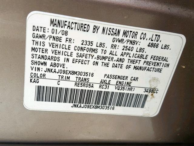 JNKAJ09EX8M303516 - 2008 INFINITI EX35 BASE GOLD photo 10