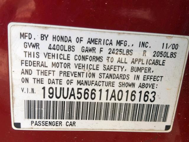 19UUA56611A016163 - 2001 ACURA 3.2TL RED photo 10