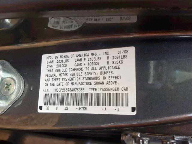 1HGCP26878A076369 - 2008 HONDA ACCORD EXL GRAY photo 10