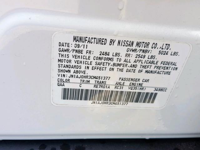 JN1AJ0HR3CM451377 - 2012 INFINITI EX35 BASE WHITE photo 10