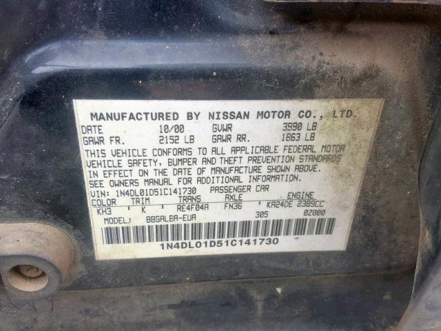 1N4DL01D51C141730 - 2001 NISSAN ALTIMA XE BLACK photo 10