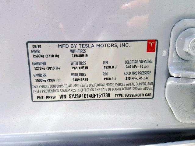 5YJSA1E14GF151738 - 2016 TESLA MODEL S WHITE photo 10