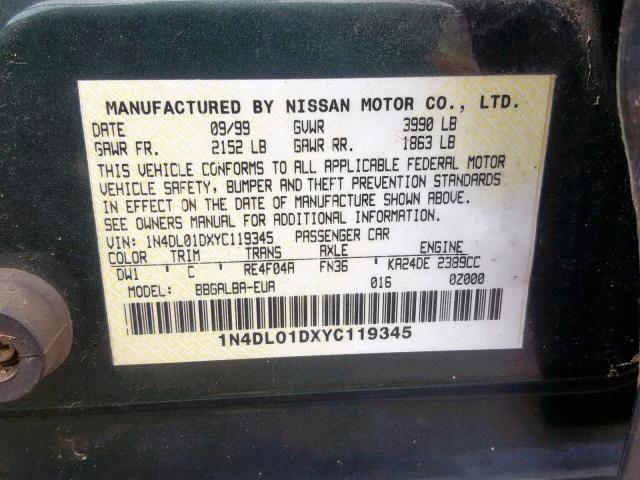 1N4DL01DXYC119345 - 2000 NISSAN ALTIMA XE GREEN photo 10