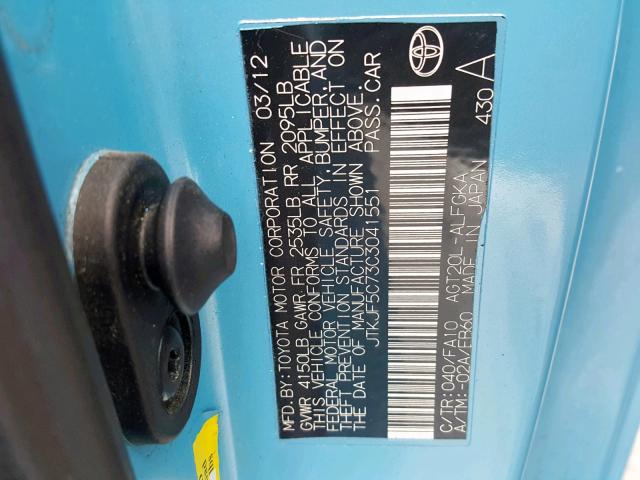 JTKJF5C73C3041551 - 2012 TOYOTA SCION TC BLUE photo 10