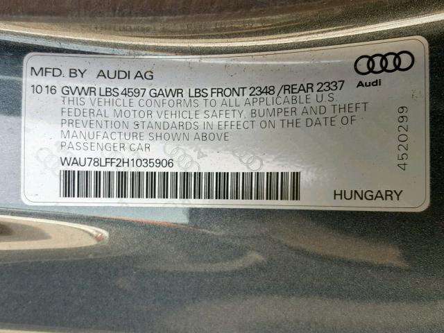 WAU78LFF2H1035906 - 2017 AUDI A3 PREMIUM GRAY photo 10