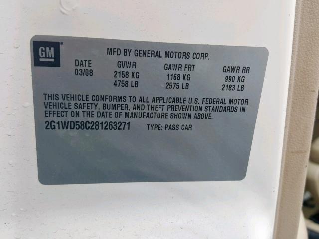 2G1WD58C281263271 - 2008 CHEVROLET IMPALA SUP 白色 照片 10
