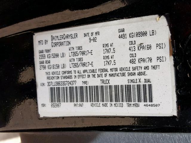 3D7LU38633G724377 - 2003 DODGE RAM 3500 S BLACK photo 10