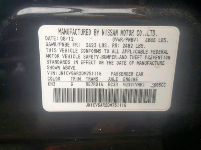 JN1CV6AR2DM751116 - 2013 INFINITI G37 BLACK photo 10