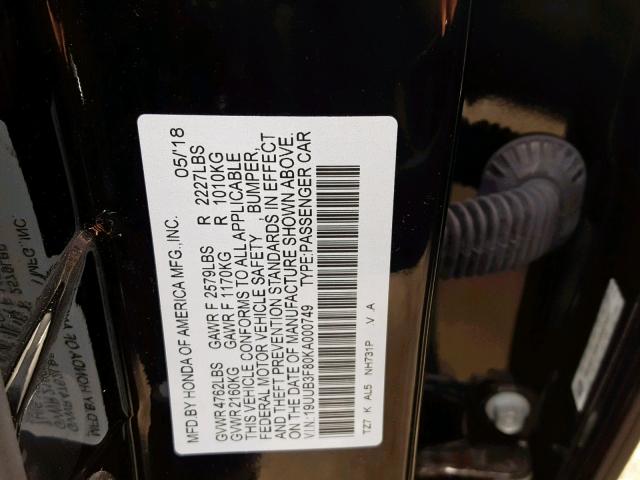 19UUB3F80KA000749 - 2019 ACURA TLX BLACK photo 10