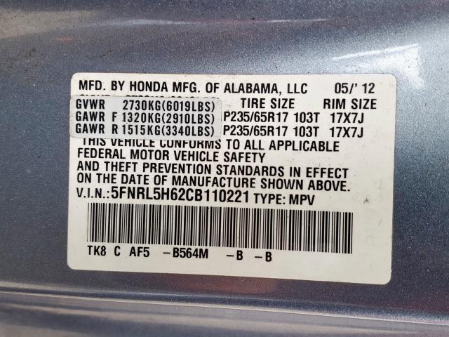 5FNRL5H62CB110221 - 2012 HONDA ODYSSEY EXL  photo 10